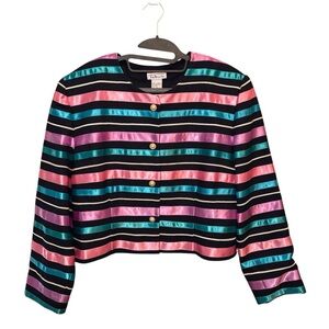 Vtg 80s 90s TALBOTS Striped Ribbon Bolero Jacket Cropped Silk Satin Jewel Tone